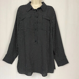 CJ Banks Top Women 1X Polka Dot Henley Popover Black White Business Casual Retro